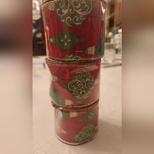 Holiday Red/Green, ornaments printed Wired Ribbon, set of 3 rolls.
